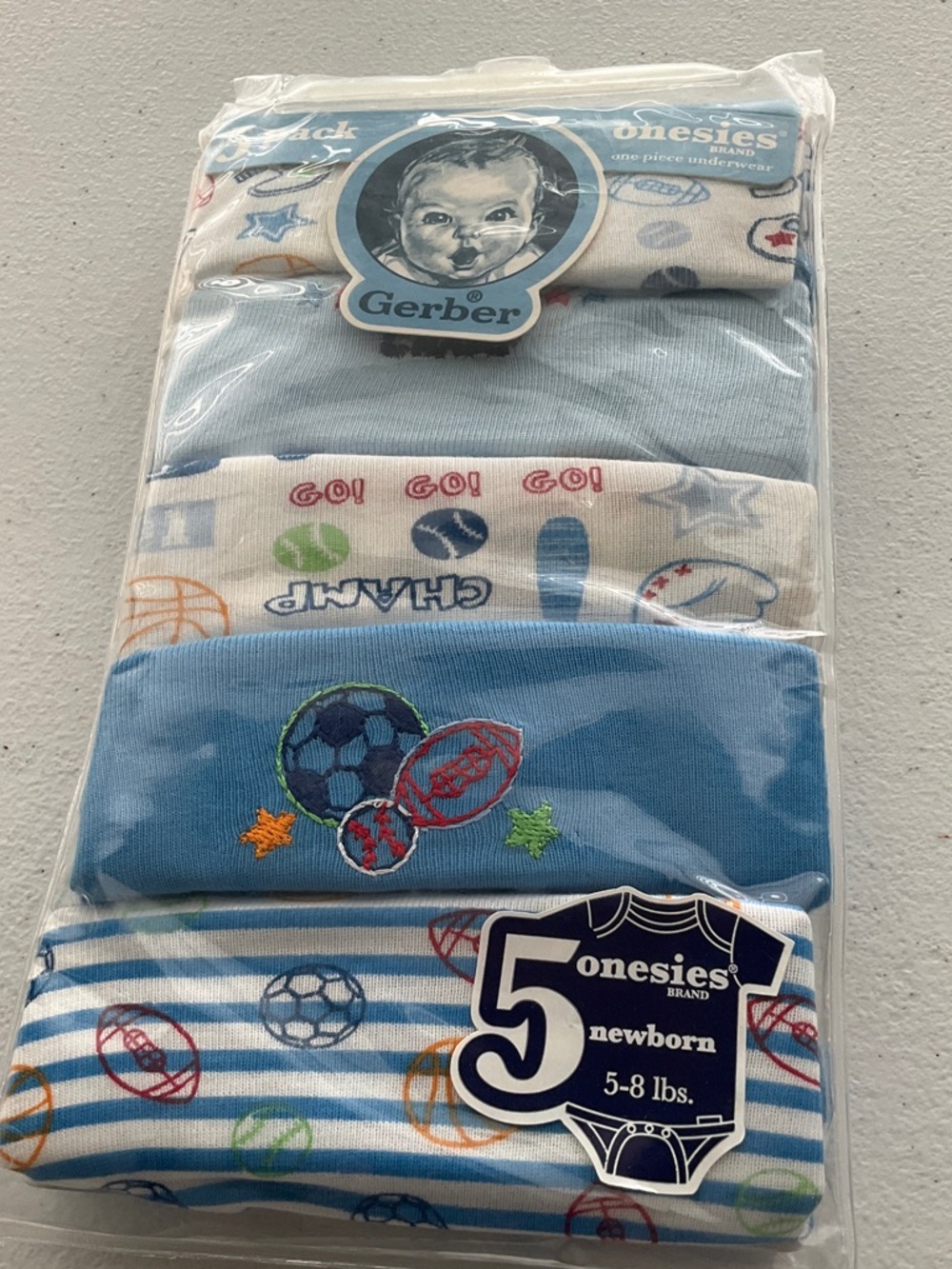 🌺$3.00 final price -Gerber Baby Blue and White Sports Onesies - 5 Pack